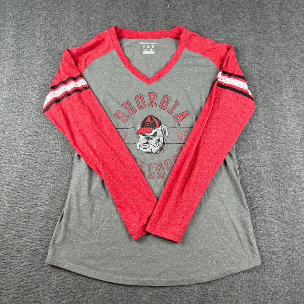 Champion Georgia Bulldogs Shirt Women's Large Gray Red Raglan V-Neck Long Sleeve